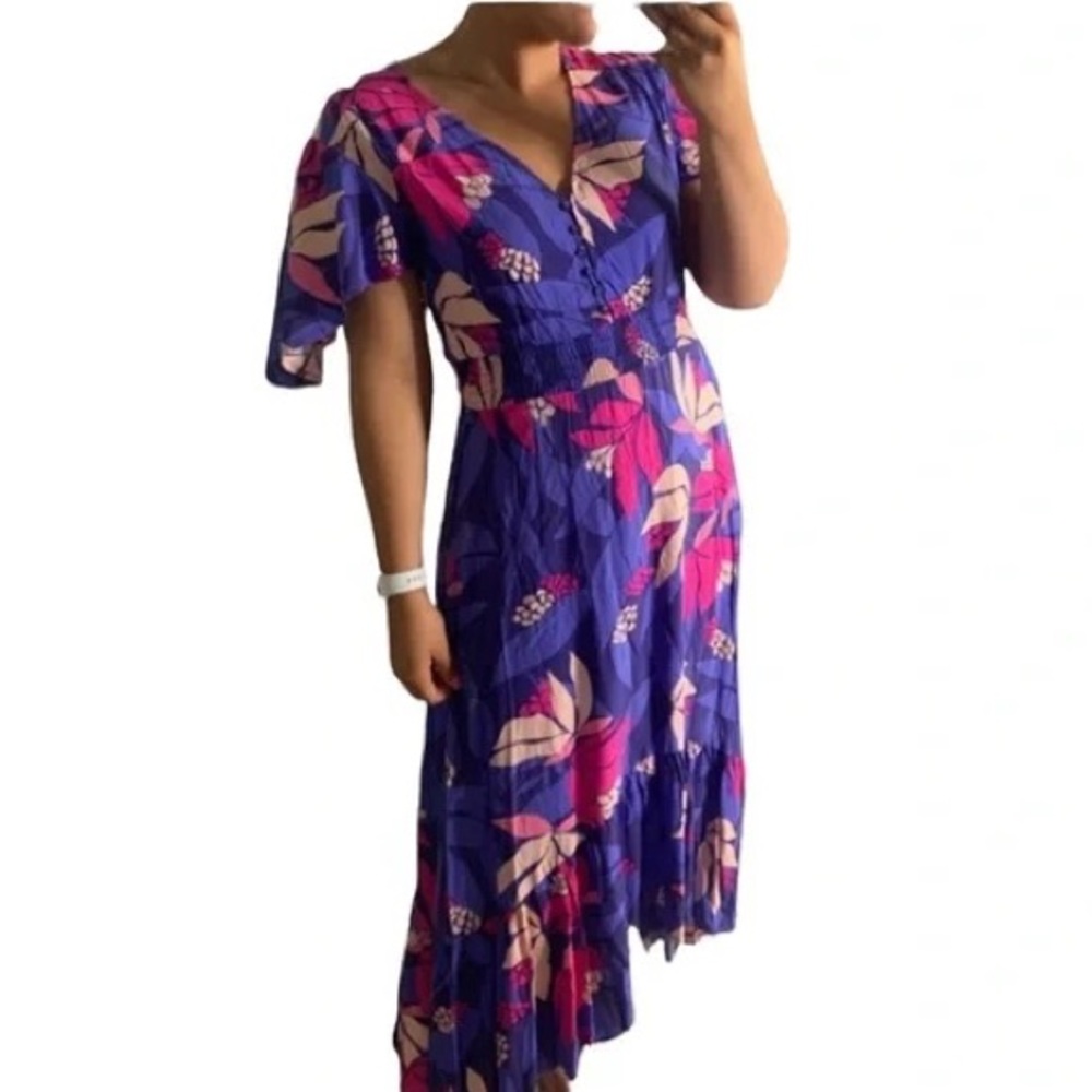 Purple Floral Midi Dress with Pink Accent